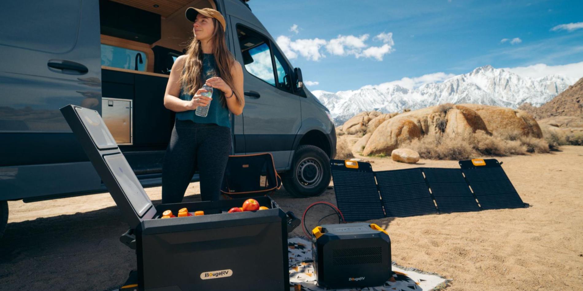 A woman RVing while powering a BougeRV 12V portable mini fridge using BougeRV’s portable power station, complemented by energy from a portable solar panel