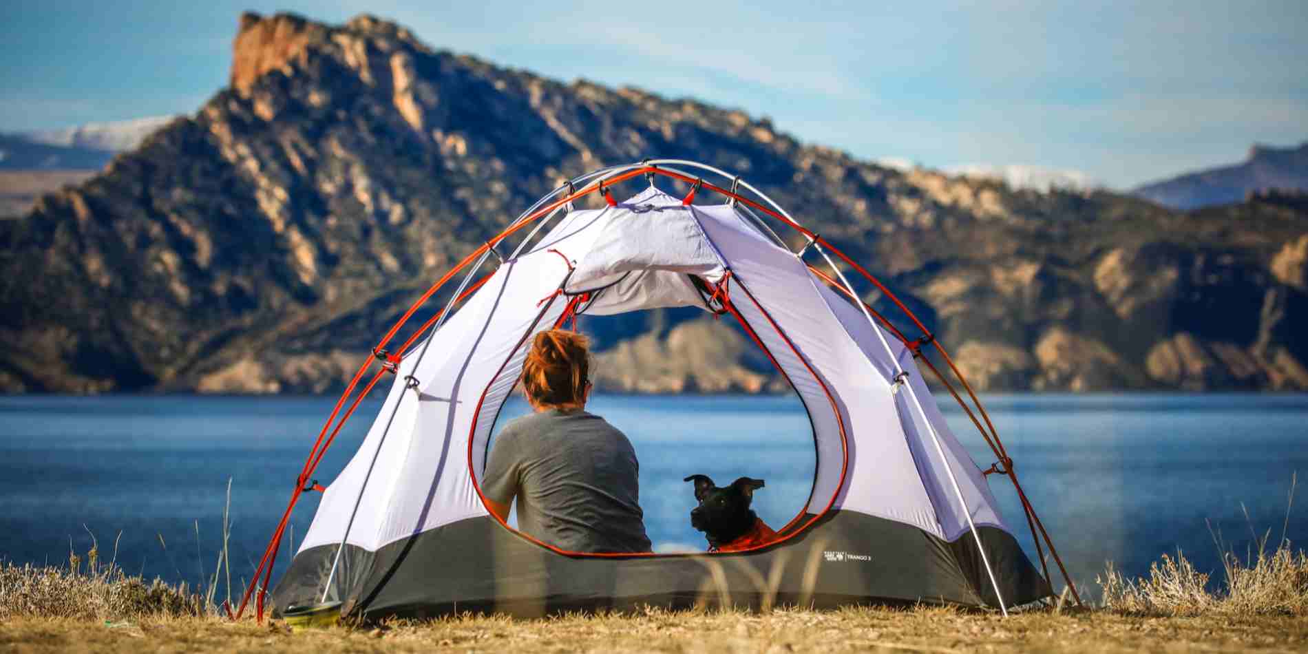 A woman camping by a lake with a dog